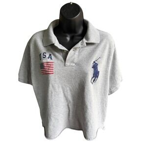 Polo Ralph Lauren Mens XL Custom Fit Big Pony USA Flag Polo Shirt Gray Cropped